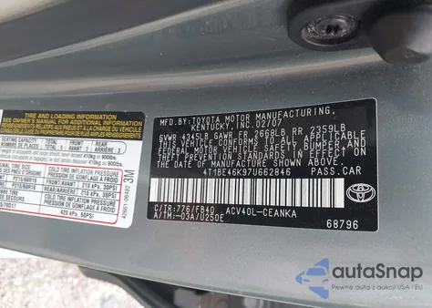 2007 Toyota Camry Le from USA, damaged, VIN 4T1BE46K97U662846